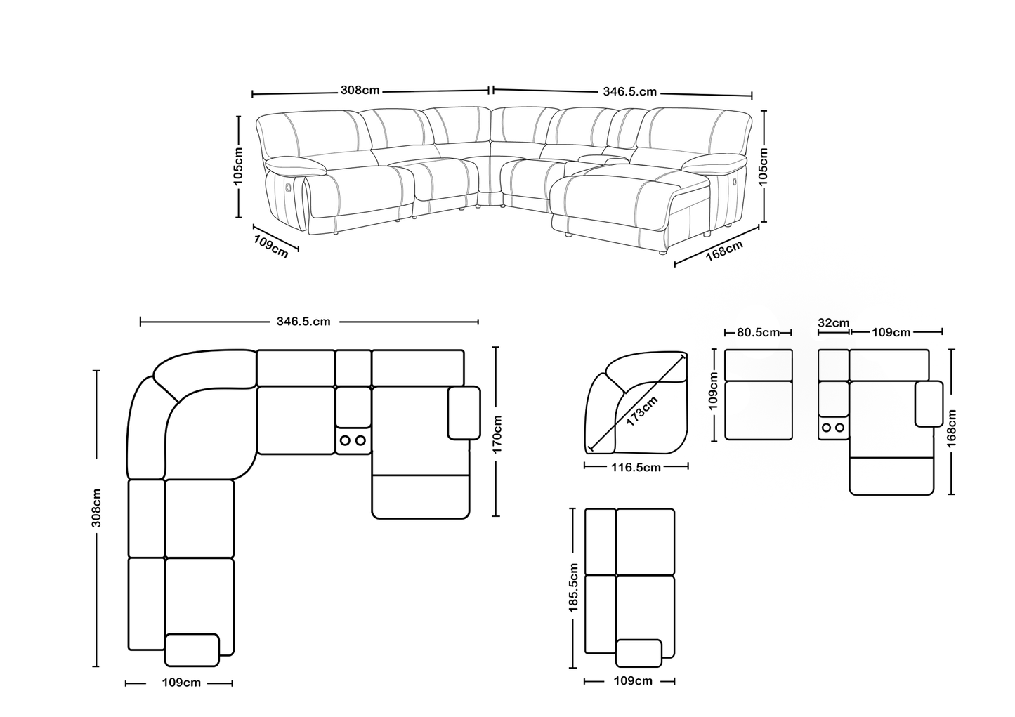 San Marco Corner Leather Lounge with Manual Recliner and Chaise