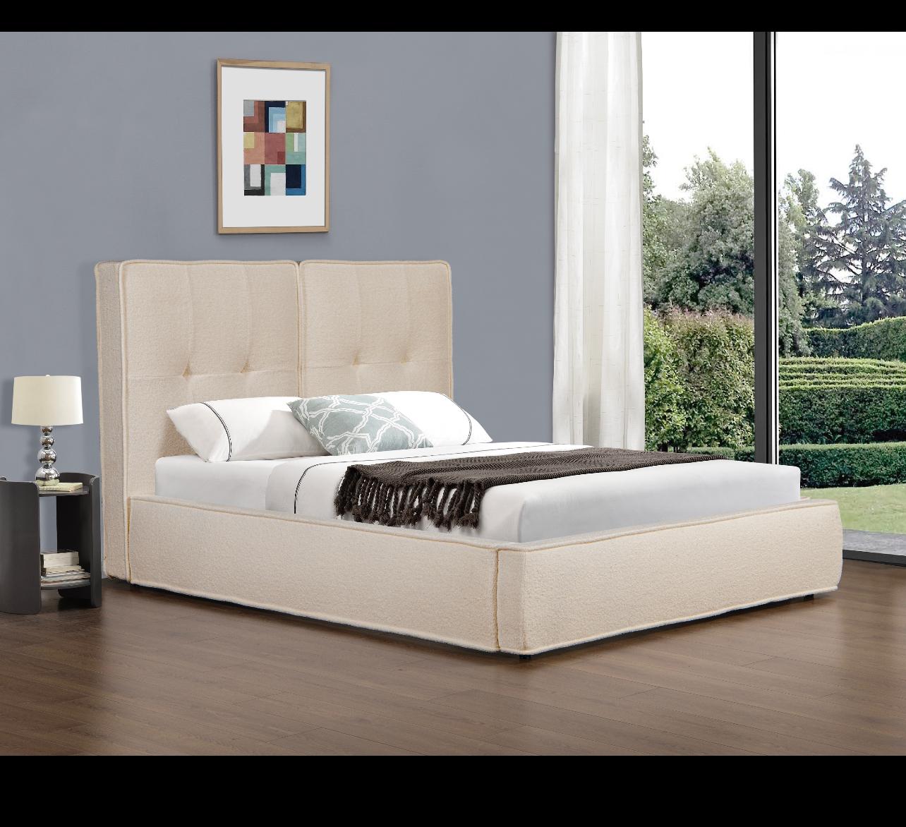 Barney Fabric Bed Frame White with Gold Stripe Detail