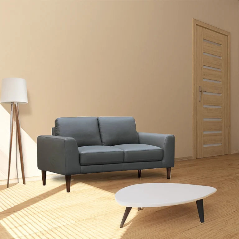 Contemporary 2-seater lounge featuring premium leather, fixed cushions, and mid oak legs for stylish, versatile living spaces.