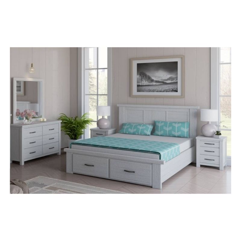 Fauna Bedroom Kit in solid acacia wood with smoky finish, including queen/king bed, dresser, mirror, and bedside tables.
