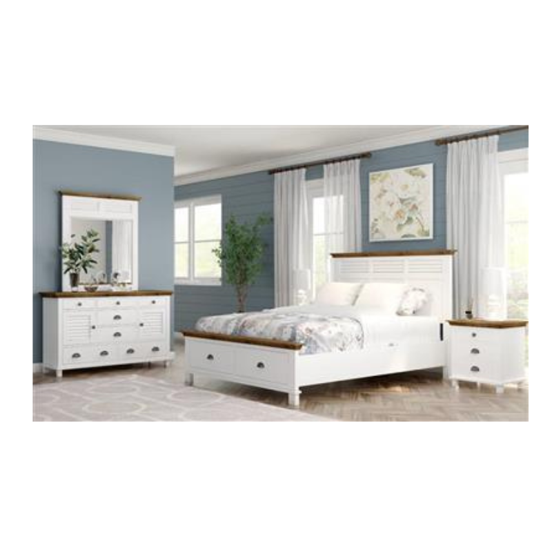 Lynbook 5pc Kit with a queen/king storage bed, bedsides, dresser, mirror, solid pine frame, two-tone finish, and antiqued metal handles.
