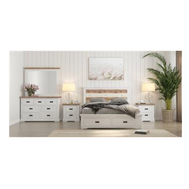 Durban 5-piece bedroom set with solid acacia wood, featuring storage bed, two-drawer bedsides, dresser, and matching mirror.