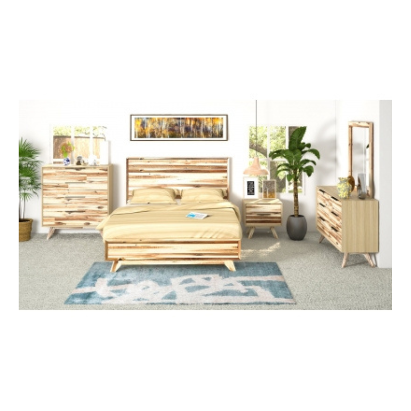 Modern queen bedroom set with durable bed, two bedside tables, and tallboy offering ample storage and timeless style.