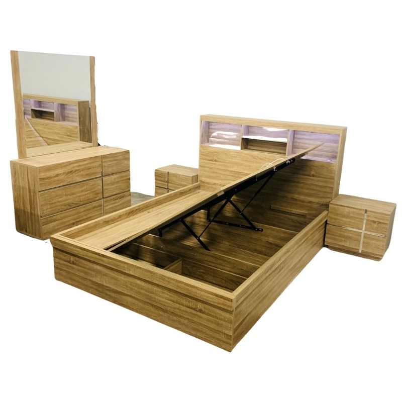 Mocha Gas Lift Bed with oak finish, gas lift for storage, sturdy design, and easy assembly.