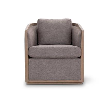 Stylish swivel chair with pine frame, deep foam seating, polyester upholstery, scatter cushions, and ottoman.