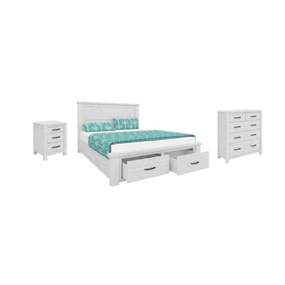Flora Bed, Tallboy & Bedsides Kit featuring sturdy mountain ash construction, spacious storage drawers, and a brushed white wash finish with metal accents.