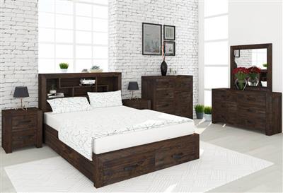 This modern bedroom set showcases solid timber construction, smooth double-extension runners, and a stylish bookshelf headboard with storage drawers.