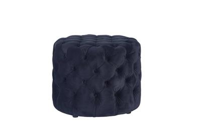Banjo Ottoman with plush velvet and button-tufted design, set in a stylish living room.