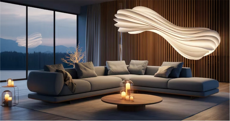 Contemporary living room with large grey sectional sofa and abstract sculptural pendant light