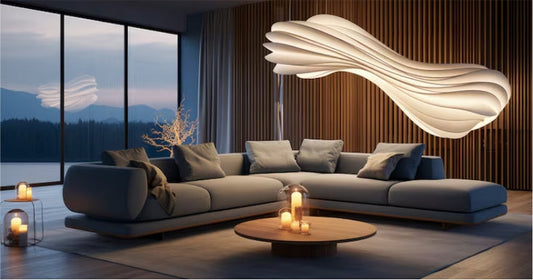 Contemporary living room with large grey sectional sofa and abstract sculptural pendant light