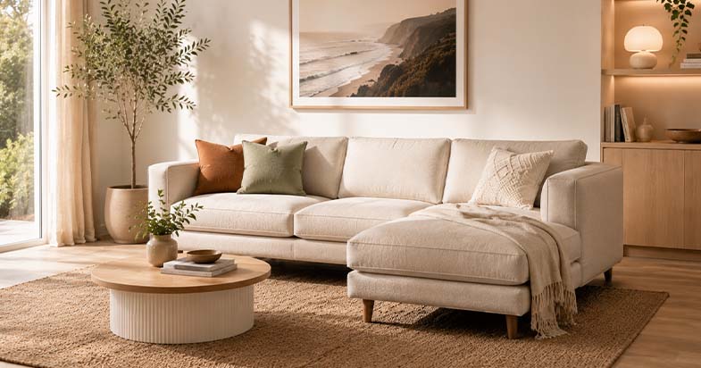Modern beige leather lounge sofa styled in a contemporary living room with natural décor
