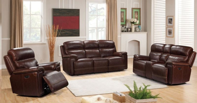 Recliners and lounge sets from Half Price Furniture — including Captain, Kingswood, Ruth, Academy, and Cynthia models in fabric or leather, electric or manual, with features like cup holders, USB ports, drop-down trays, and motorized controls.