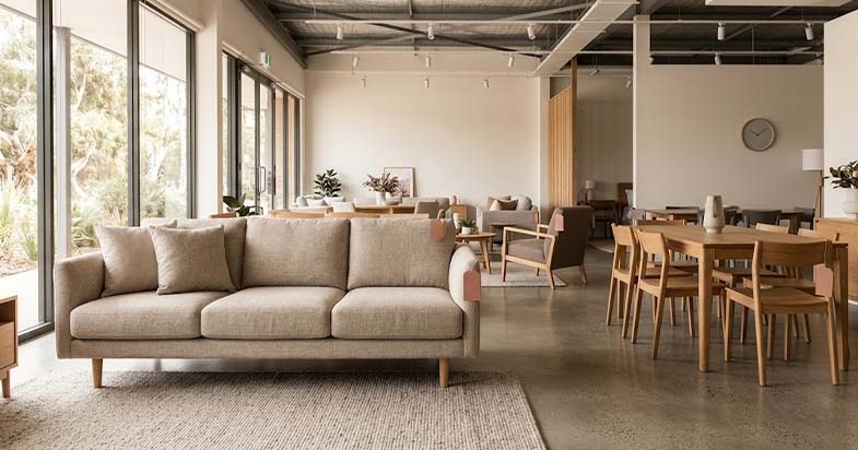 Neutral upholstered sofa and wooden dining furniture displayed in a bright showroom, illustrating the best time to buy furniture in Australia.
