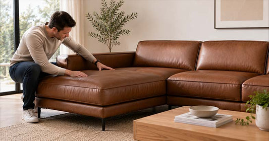 Person checking the quality and leather finish of a brown leather lounge