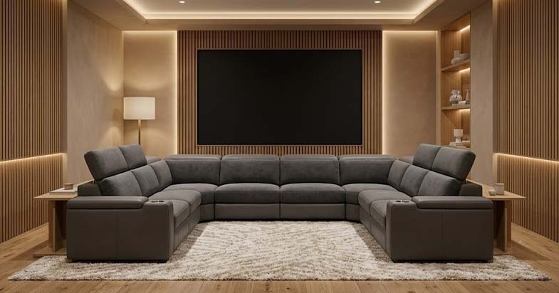 Modern grey modular home theatre lounge with recliners in a luxury entertainment room