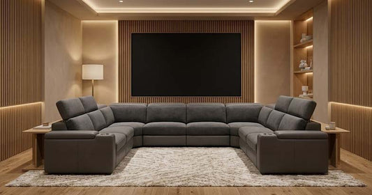 Modern grey modular home theatre lounge with recliners in a luxury entertainment room