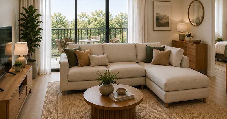 Large corner modular lounge arranged in a spacious contemporary living room