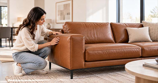 Person checking the armrest and upholstery of a brown lounge sofa