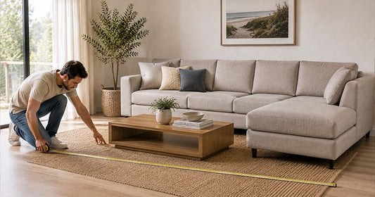  Person measuring living room space before buying a large fabric lounge