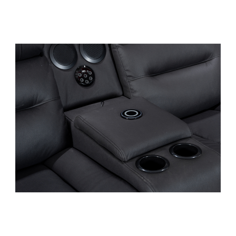 Black Excaliber 2-Seater Lounge with electric recliners and LED lighting, in a trendy lounge setting.