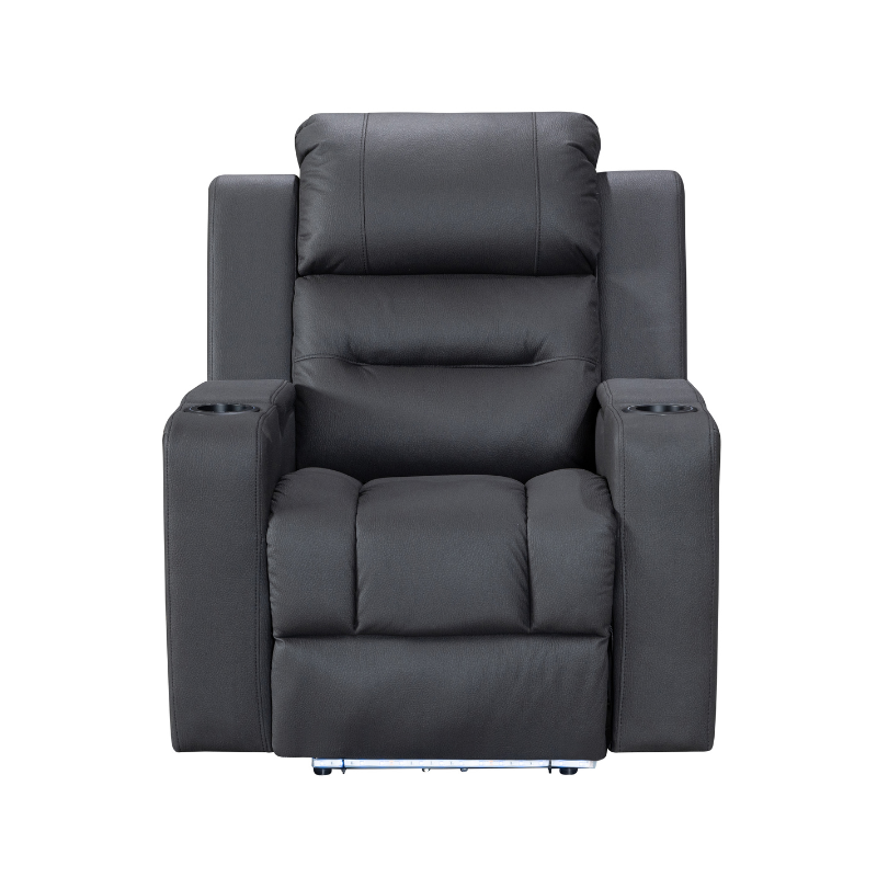 Black Excaliber Single Seater Lounge with dual motor recliner and LED cup holder, set in a modern living room.