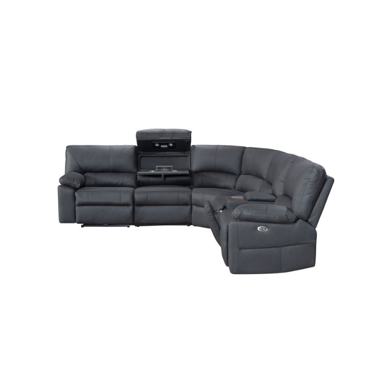 Modular Excaliber Lounge with console and electric recliners, displayed in a chic entertainment room.