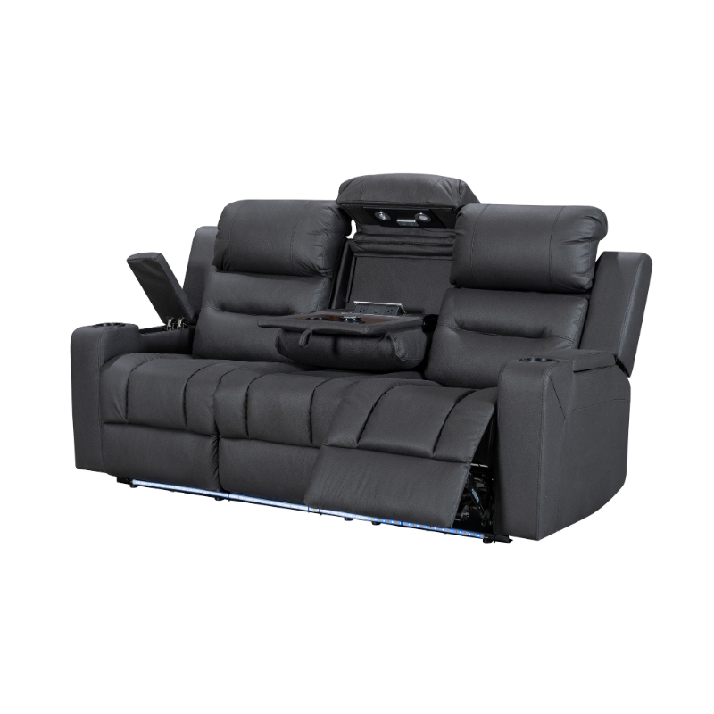 Excaliber 3-Seater Lounge with smart cup holder and arm storage, displayed in a chic entertainment room.