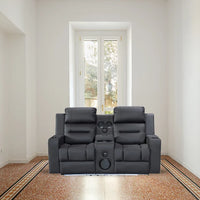 Excaliber 2-Seater Lounge in Rhino fabric with Bluetooth speakers and wireless charging, in a stylish lounge area.