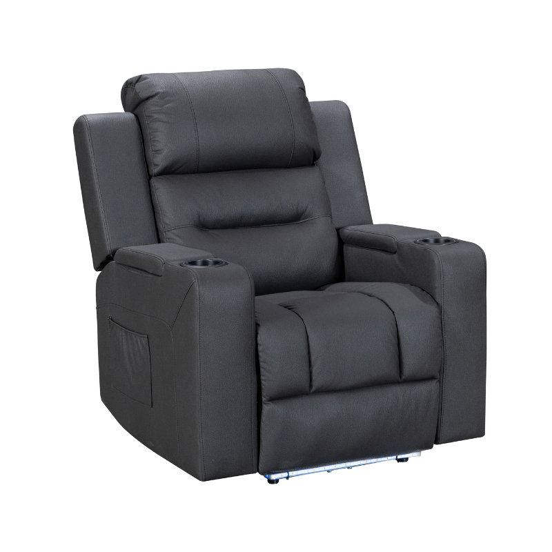 Excaliber Single Seater Lounge with smart cup holder and arm storage, displayed in a chic relaxation room.