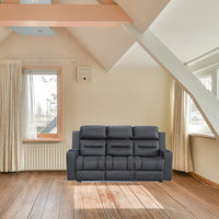 Excaliber 3-Seater Lounge in Rhino fabric with dropdown table and wireless charging, in a stylish lounge area.