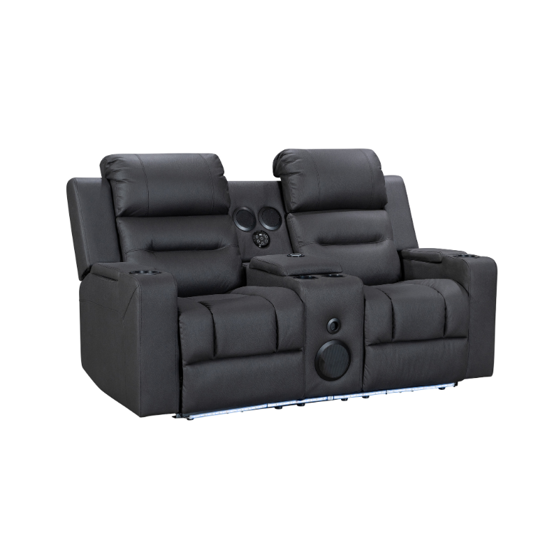 Excaliber 2-Seater Lounge with smart cup holder and arm storage, displayed in a chic entertainment room.