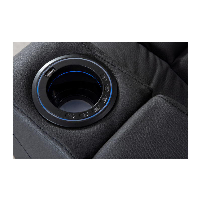 Black Excaliber 2-Seater Lounge with adjustable headrests and under-seat LED lighting, enhancing a cozy space.