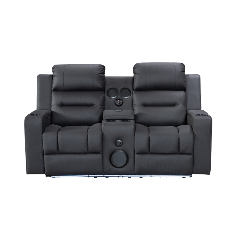 Black Excaliber 2-Seater Lounge with dual electric recliners and LED cup holder, set in a modern living room.