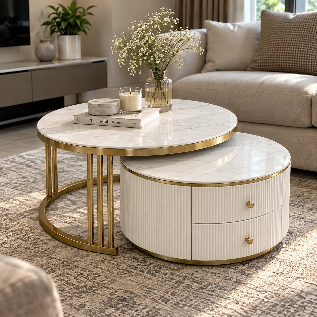 7007 Ruse Two-Piece Nesting Coffee Table Set – White & Gold