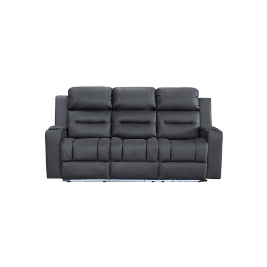 Black Excaliber 3-Seater Lounge with dual electric recliners and LED cup holder, set in a modern living room.