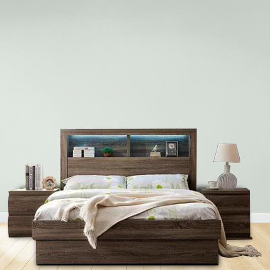 Fiji Mocha Bed Suite featuring roll-out drawers, foot-end storage, bookcase headboard with night light, and tallboy with hidden compartment.