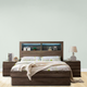 Fiji Mocha Bed Suite featuring roll-out drawers, foot-end storage, bookcase headboard with night light, and tallboy with hidden compartment.