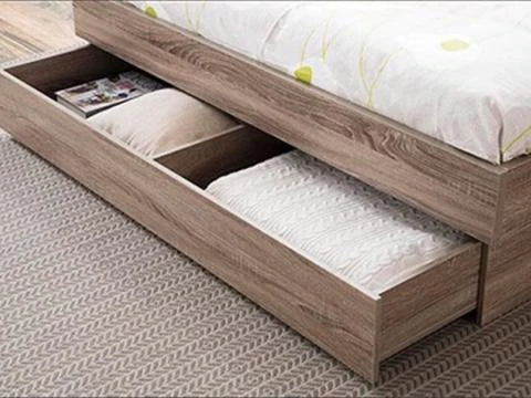 Practical Fiji Mocha Bed Suite with roll-out storage drawers, bookcase headboard, three-phase night light, and tallboy with mirror.