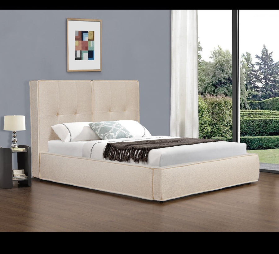Barney Fabric Bed Frame White with Gold Stripe Detail