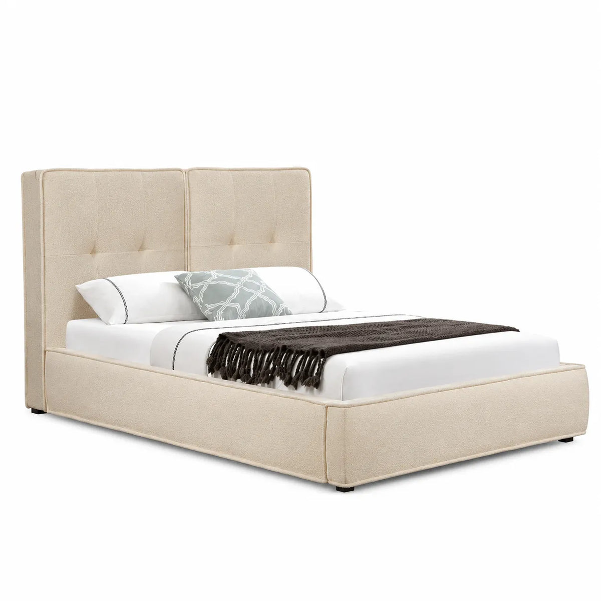 Barney Fabric Bed Frame White with Gold Stripe Detail