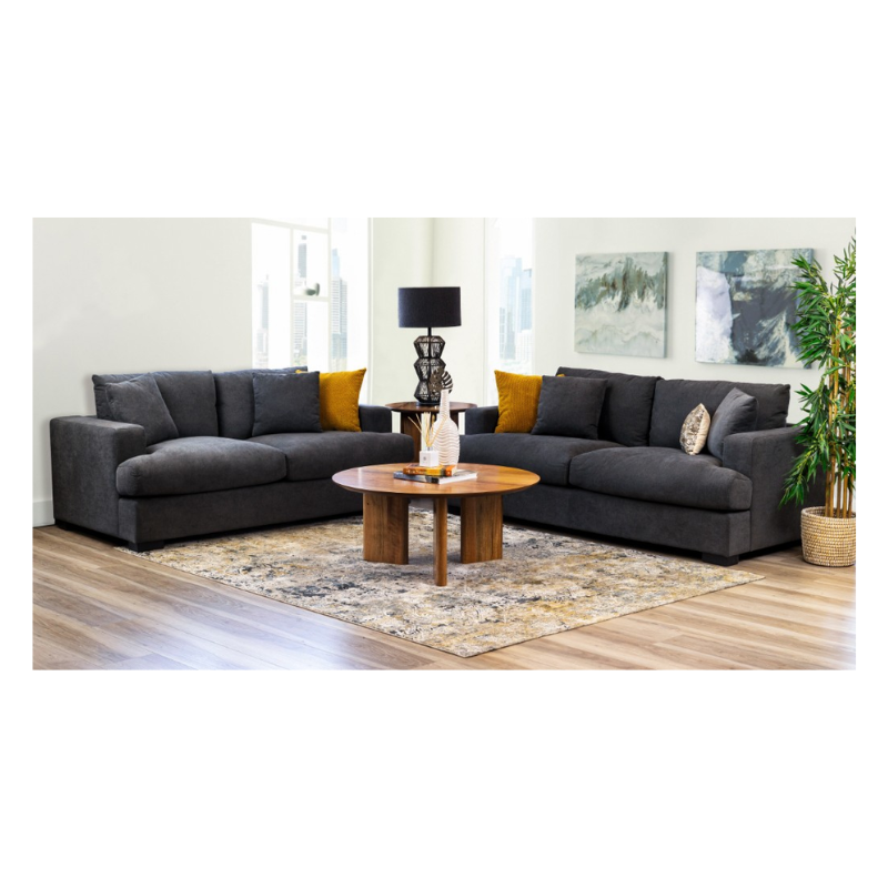 Light Grey Hasting 2.5 + 2 Seater Sofa with goose feather cushions and scatter cushions, in a modern living room.
