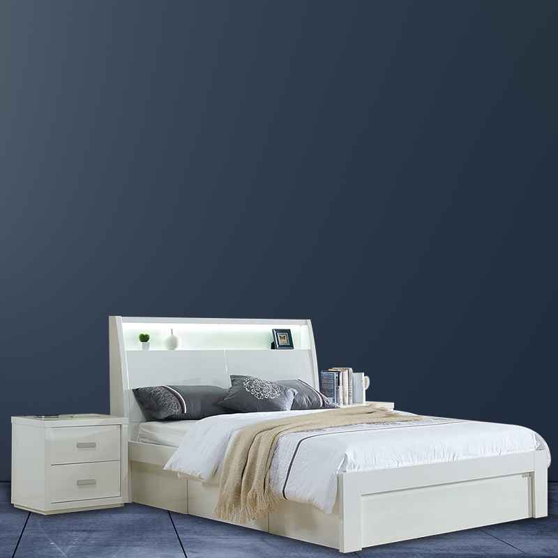 Washington Bed Suite featuring fold-down storage, LED light, gas lift bed, and ample storage in tallboy and dresser.