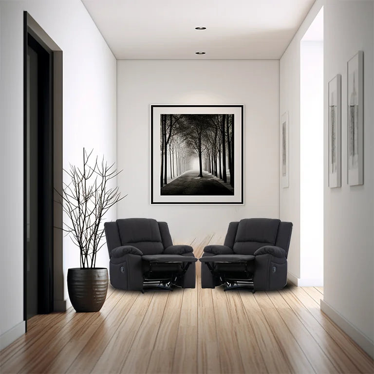 Stylish 1-seater manual recliner lounge featuring Rhino fabric, pocket springs, and a sturdy wood frame for superior support and relaxation.