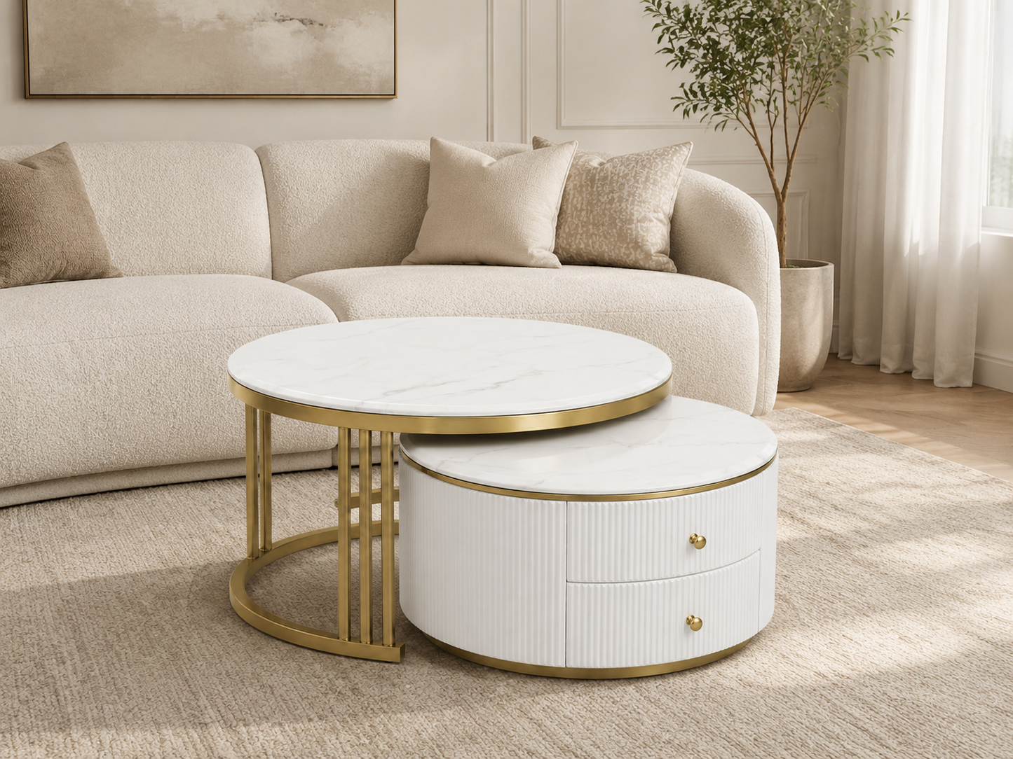 7007 Ruse Two-Piece Nesting Coffee Table Set – White & Gold
