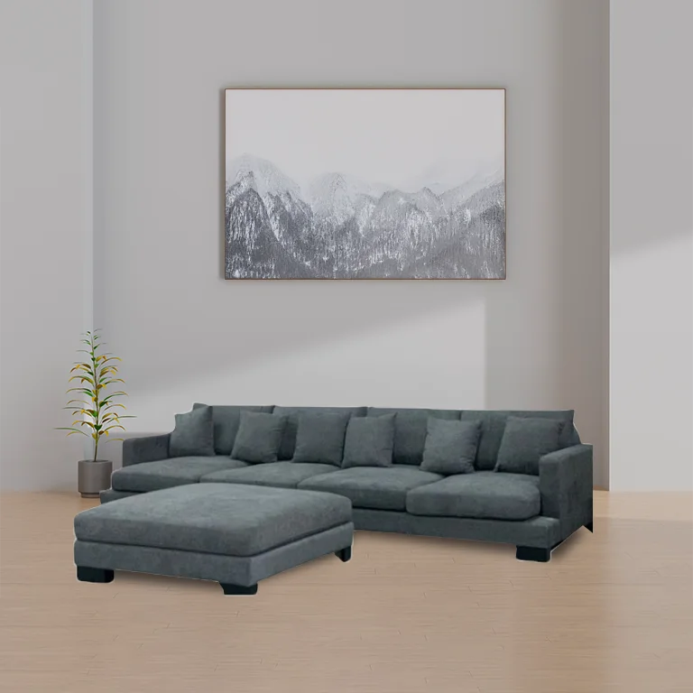 Comfortable deep seat lounge with feather-filled cushions, 6 scatter cushions, and a matching ottoman, perfect for relaxing in style.