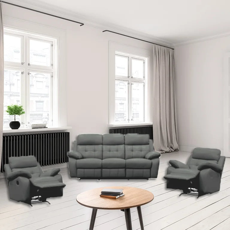 Grey Cosmic 3S Lounge with tufted back and padded armrests, displayed in a stylish lounge area.