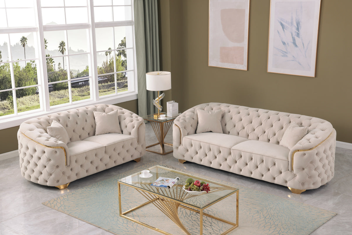 Luxurious beige lounge with S spring suspension and soft filling, set in a chic space.