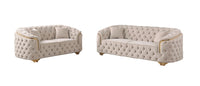 Crown Beige Velvet Lounge with plush upholstery and S spring suspension, set in a luxurious living room.