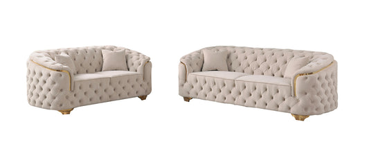Crown Beige Velvet Lounge with plush upholstery and S spring suspension, set in a luxurious living room.
