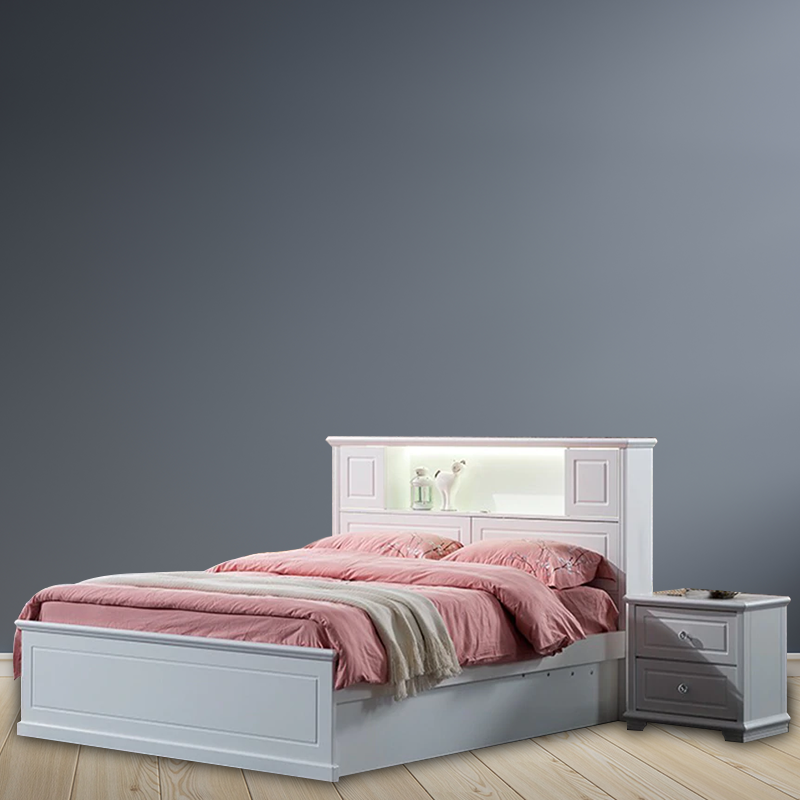 NewYork Bed Suite with fold-down storage, LED light, USB charger, gas lift or three-drawer bed, tallboy with pop-up mirror, dresser, and stool.